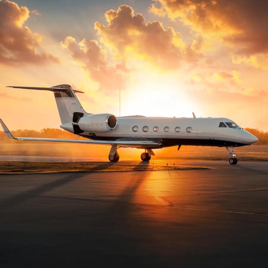 Gulfstream jet on the ramp at sunset