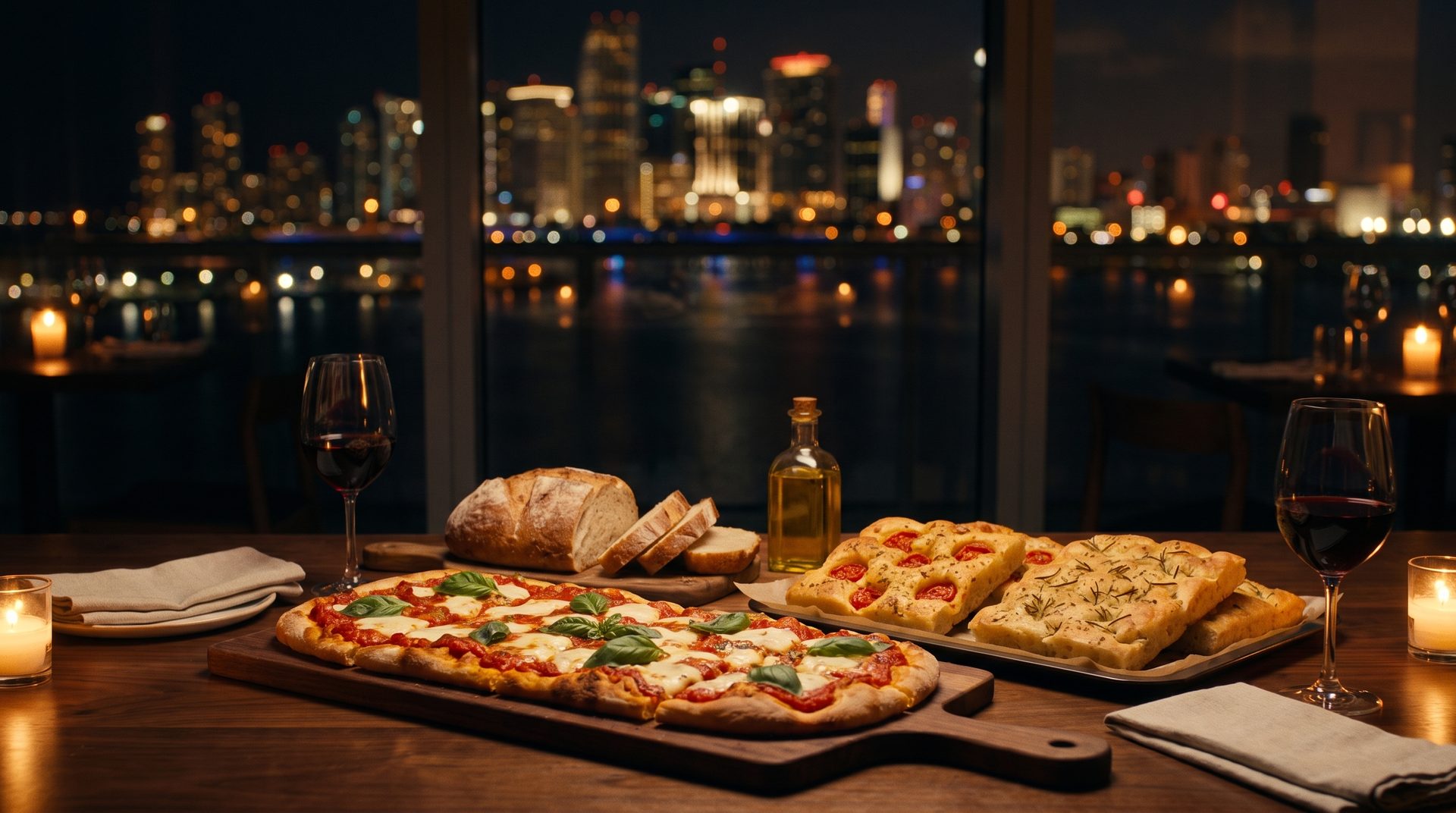 Roman pizza, focaccia and bread on a candlelit table overlooking the Miami skyline at night