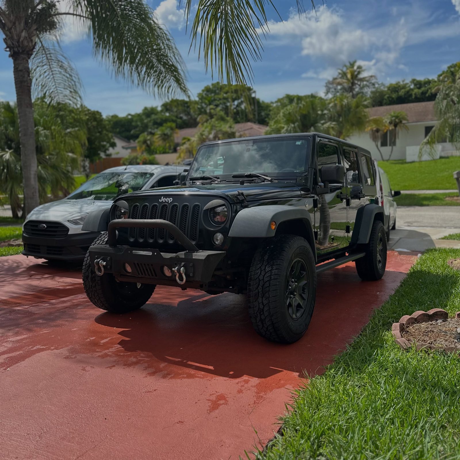 Black Jeep Wrangler detailed under the palms