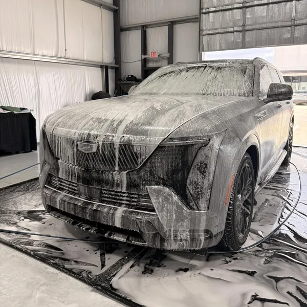 Cadillac cubierto de espuma sobre el tapete de lavado
