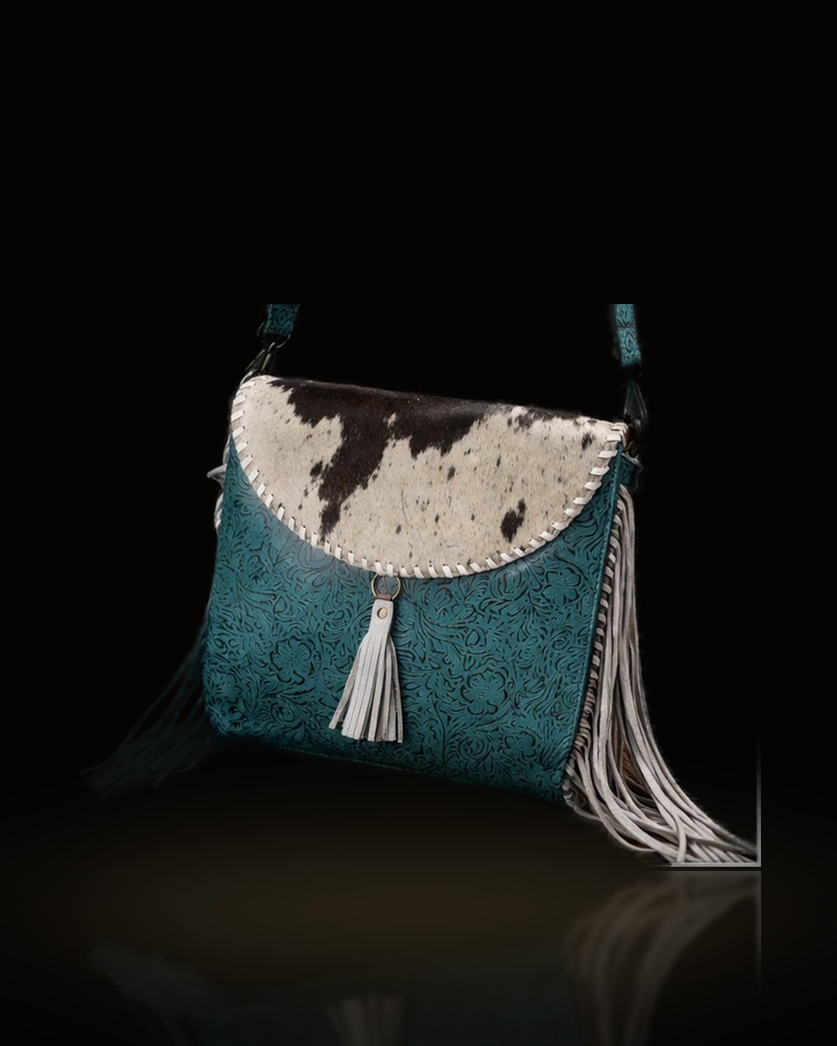 The Turquoise Fringe Crossbody — Cowhide & Tooled Leather