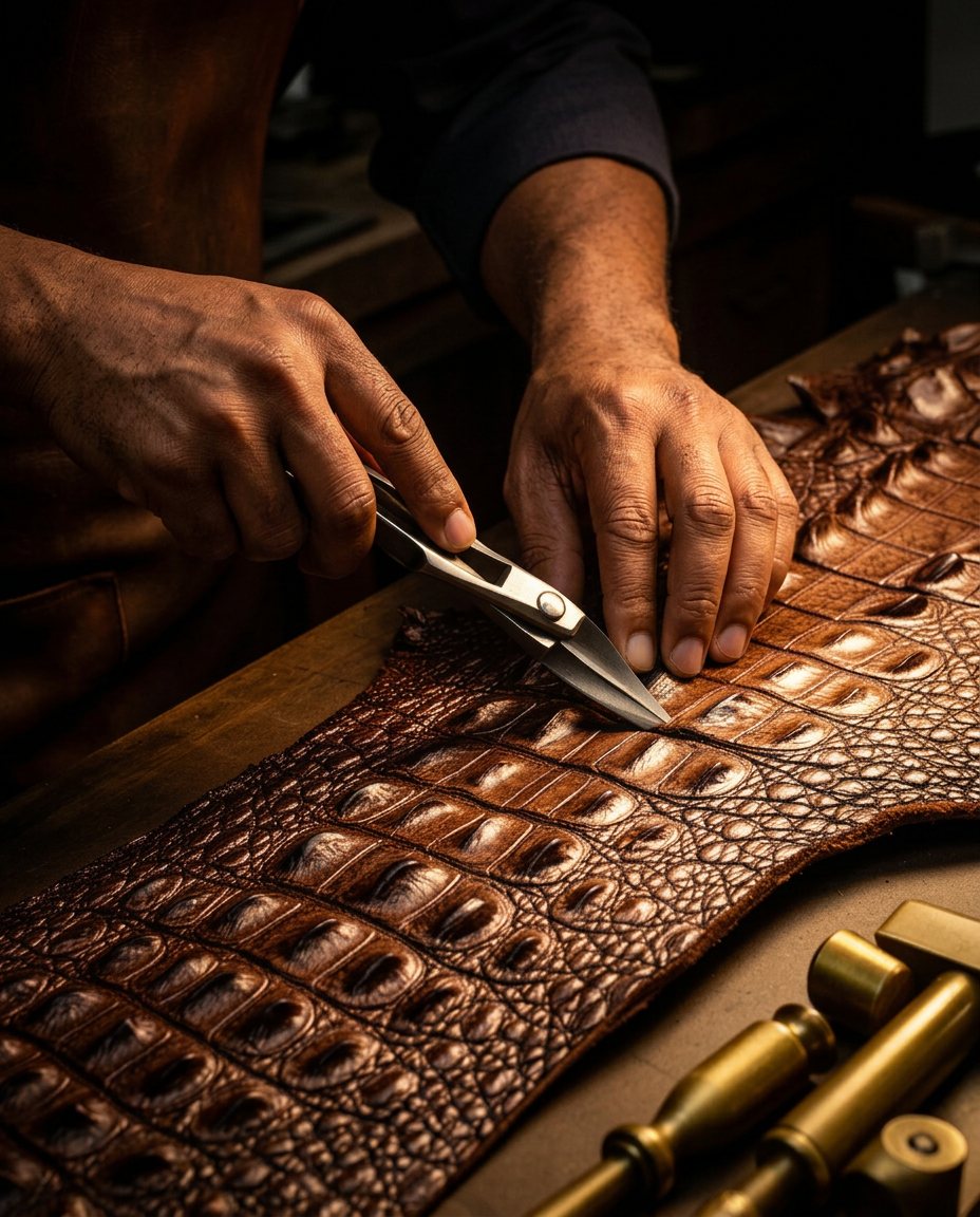 Artisan's hands cutting an alligator hide on a workbench with brass tools