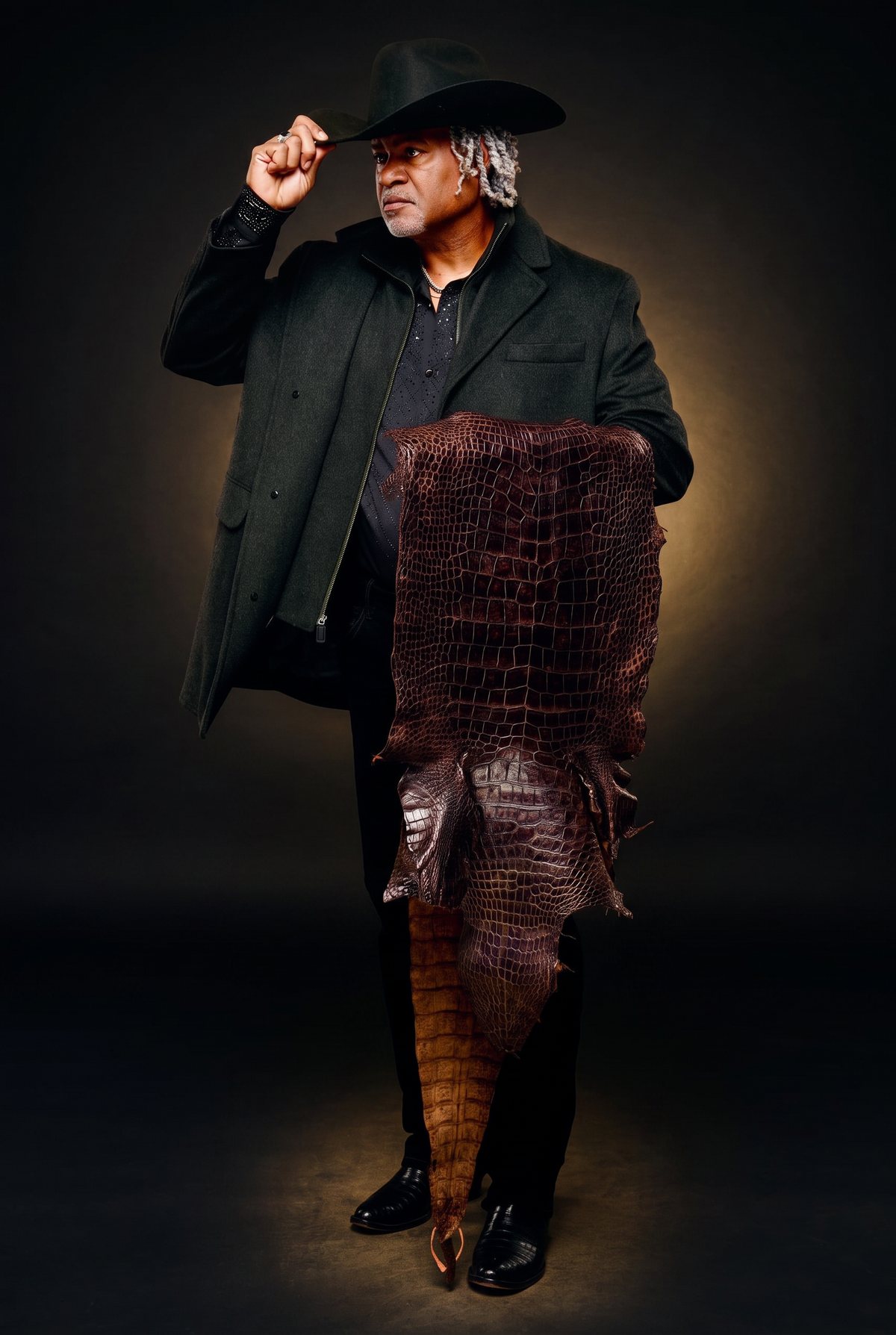 Lawrence Willis, founder of Willis & Co., holding a full premium American alligator hide